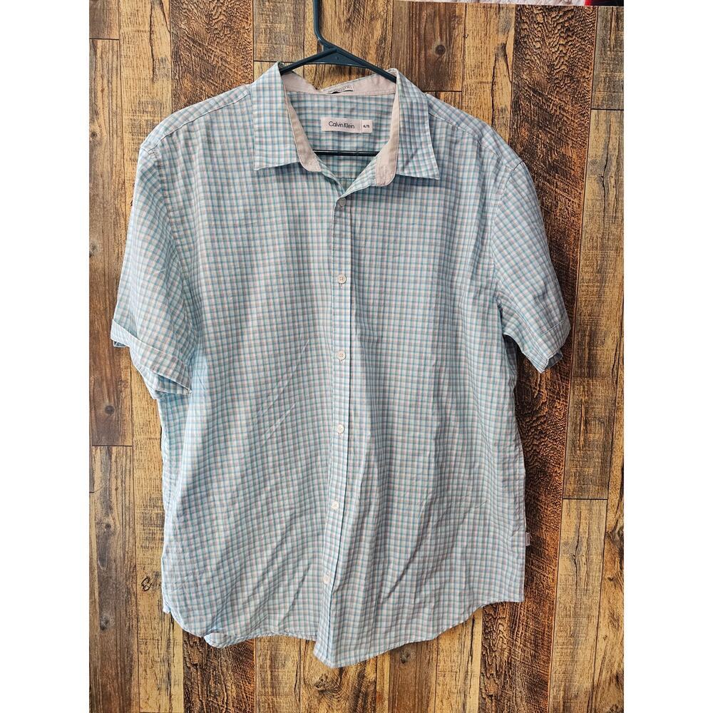 Blue checkered Lightweight cotton calvin klein mens XL Button up (Fits small) ^